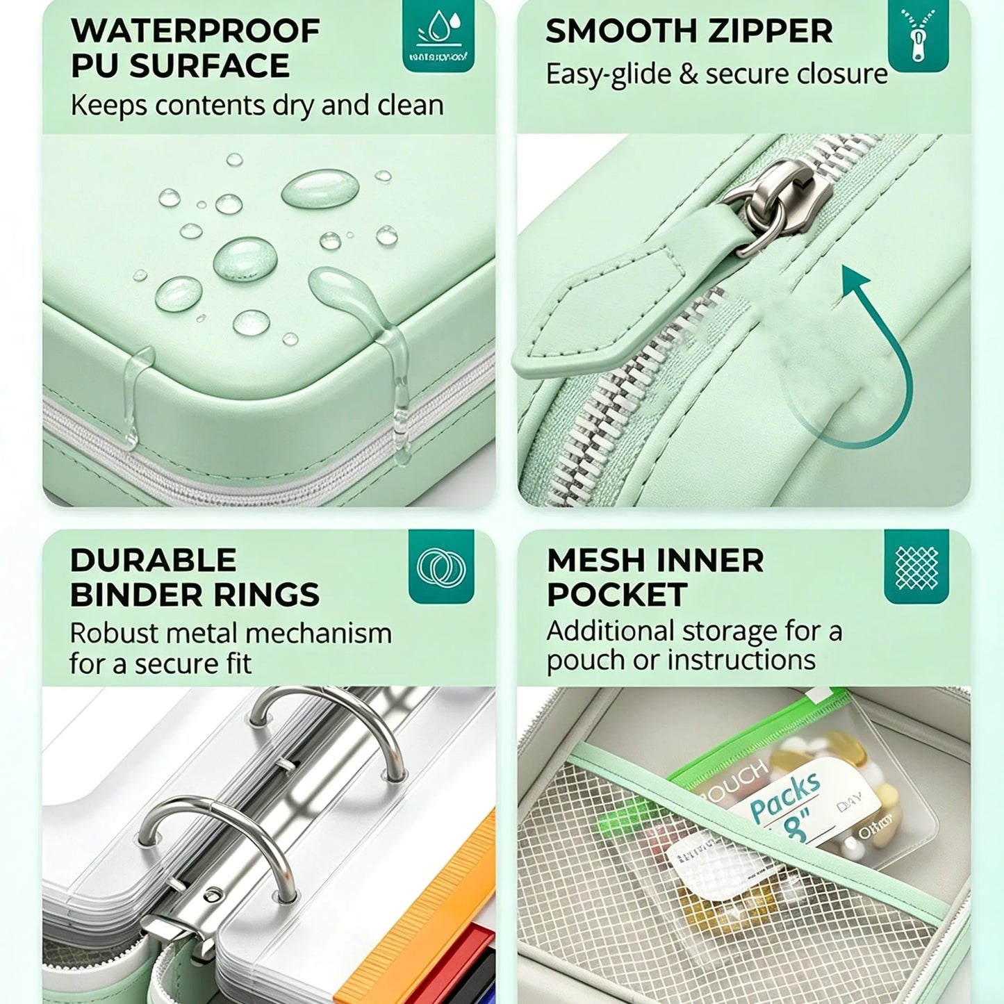 A8 Waterproof 14-Pouch Weekly Pill Organizer, Color-Coded Travel Storage for Vitamins & Supplements