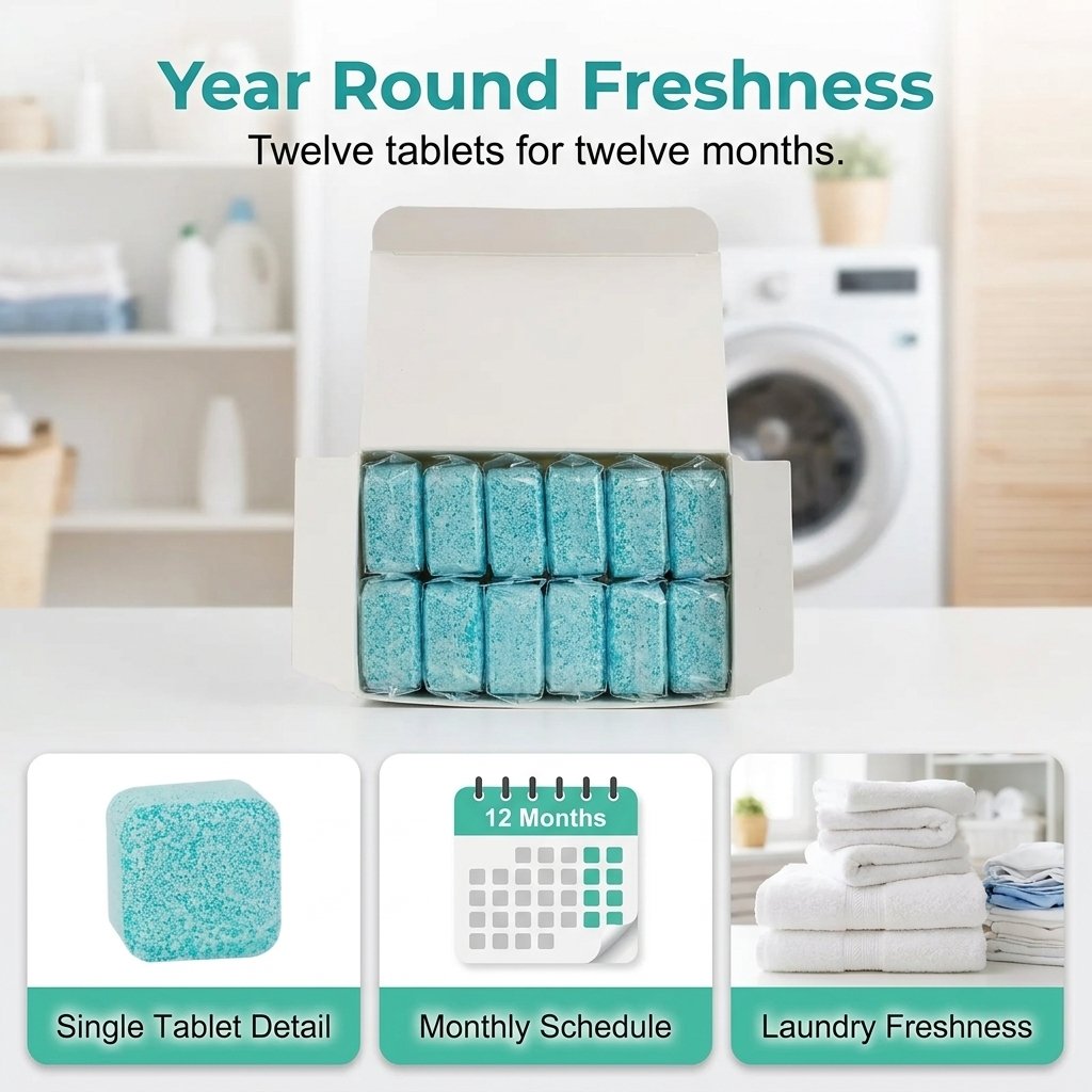 12 Count Washing Machine Cleaner Tablets - Fragrance-Free Pet Odor & Hair Remover, Septic Safe