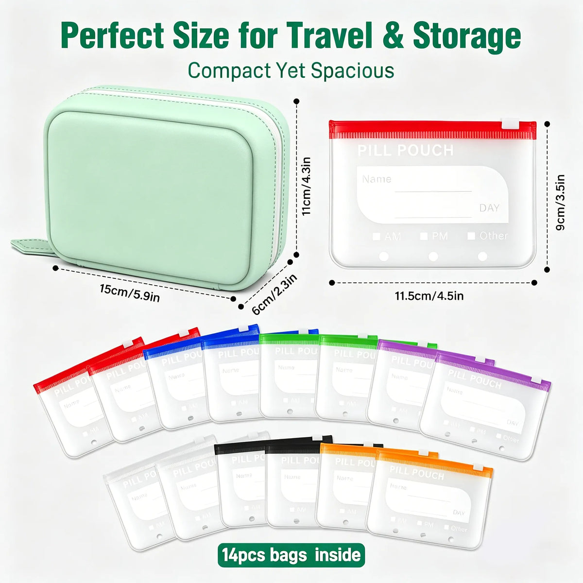 A8 Waterproof 14-Pouch Weekly Pill Organizer, Color-Coded Travel Storage for Vitamins & Supplements