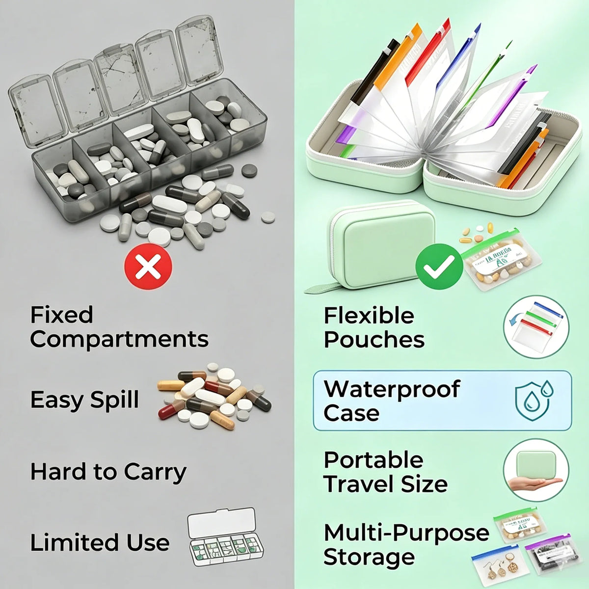 A8 Waterproof 14-Pouch Weekly Pill Organizer, Color-Coded Travel Storage for Vitamins & Supplements