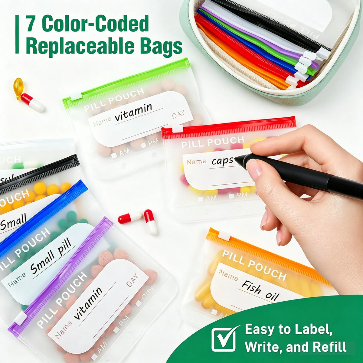A8 Waterproof 14-Pouch Weekly Pill Organizer, Color-Coded Travel Storage for Vitamins & Supplements
