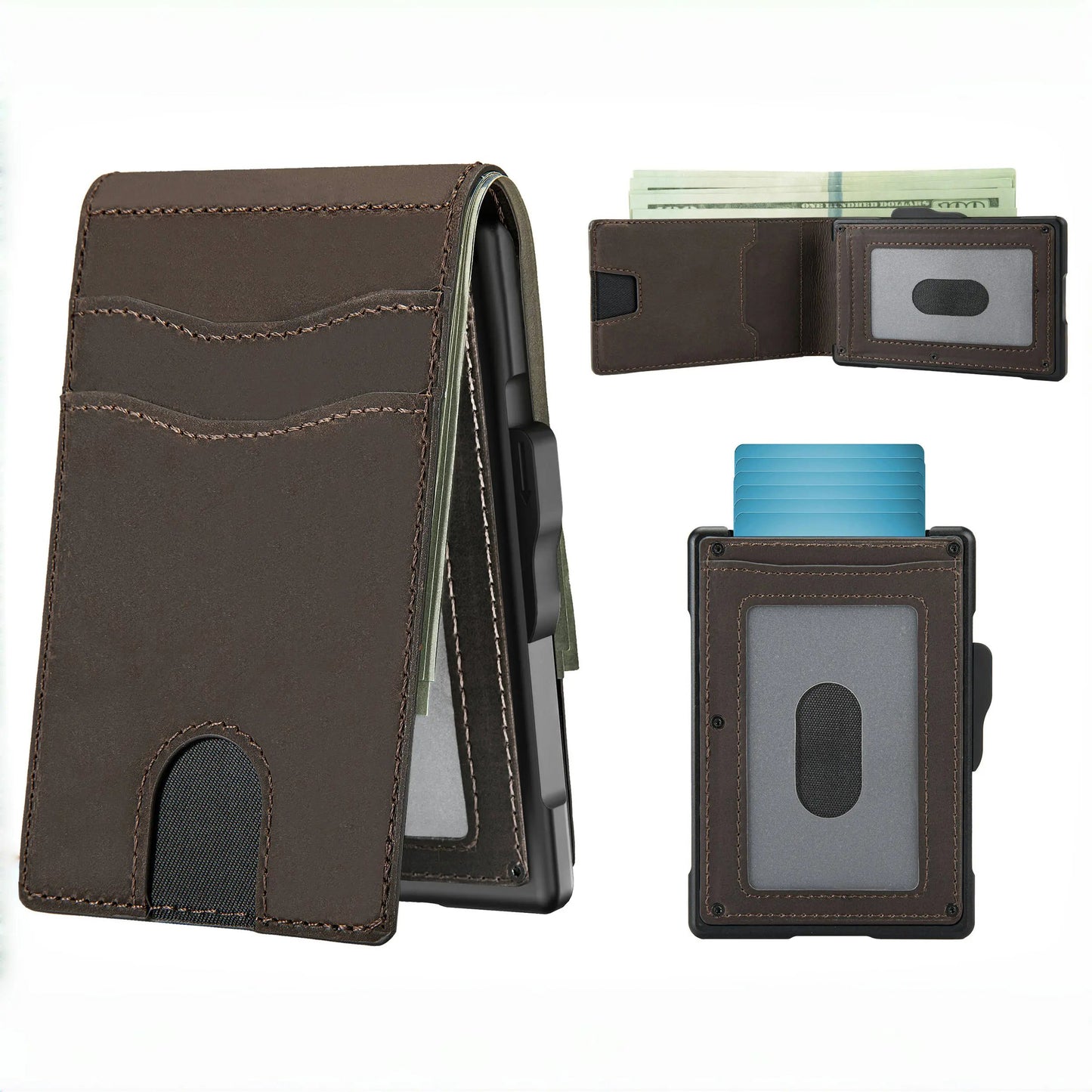 🔥Minimalist Pop-Up Wallet for Men – RFID Blocking Aluminum Card Holder with Cash Slot, ID Window & Leather Front Pocket