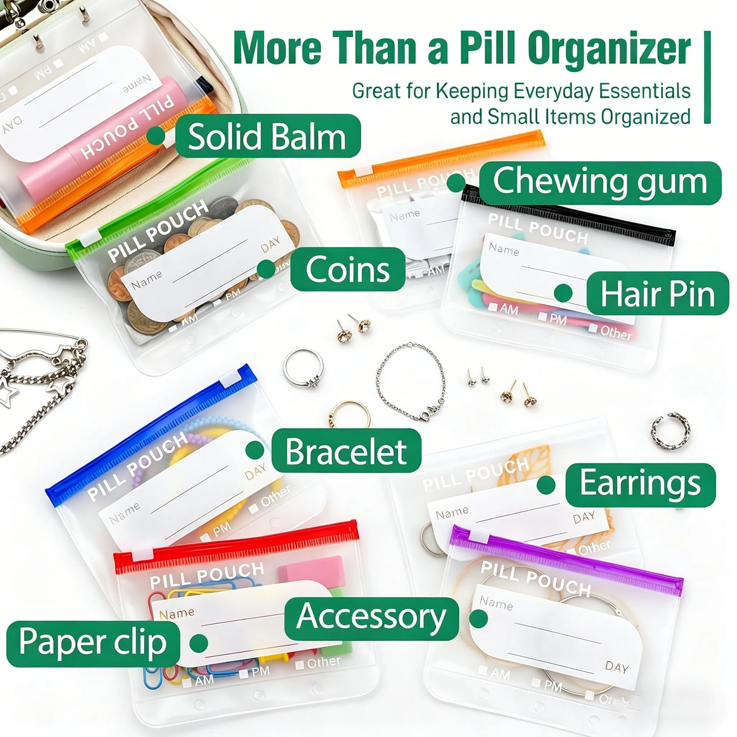 A8 Waterproof 14-Pouch Weekly Pill Organizer, Color-Coded Travel Storage for Vitamins & Supplements