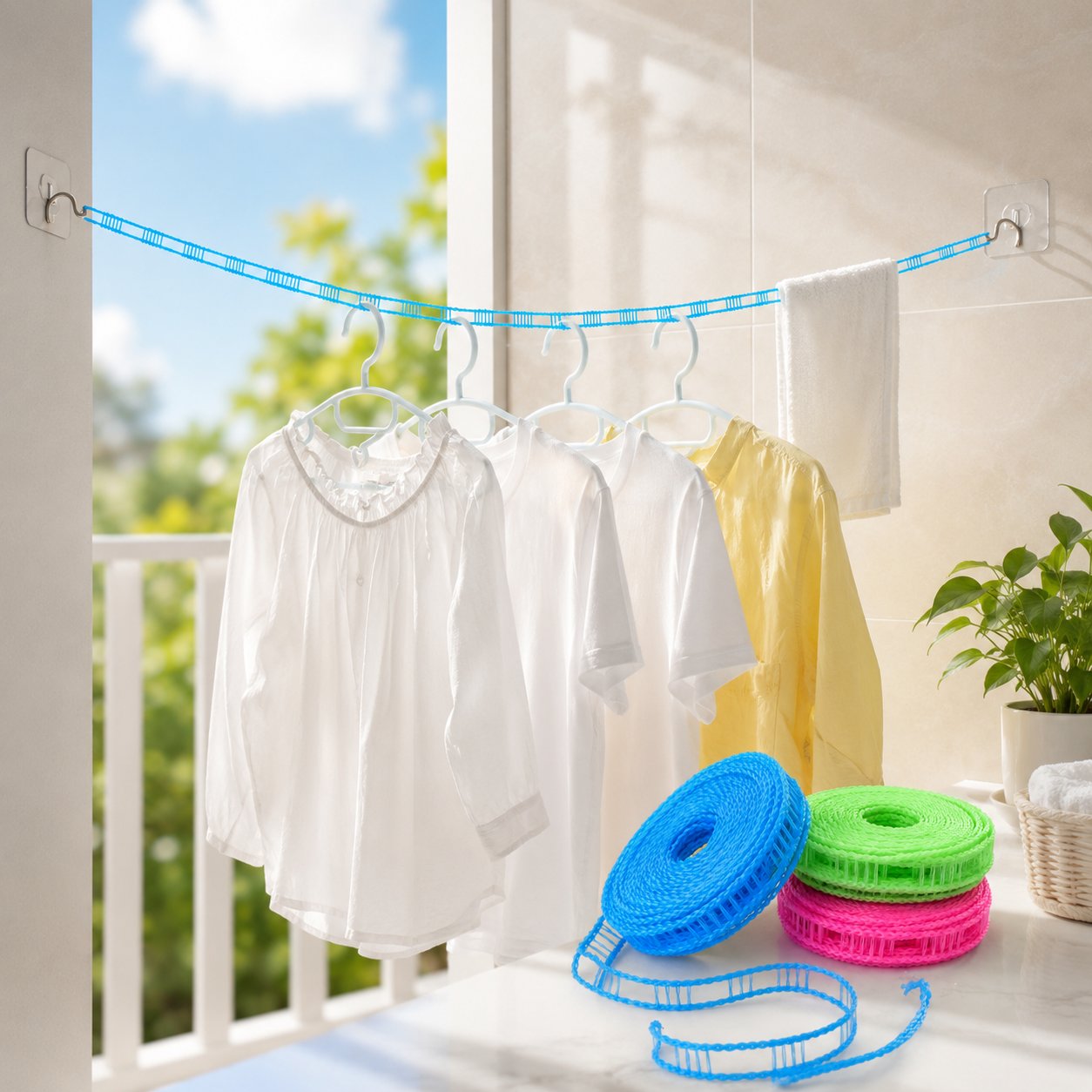 Adjustable Windproof Clothesline with Hooks