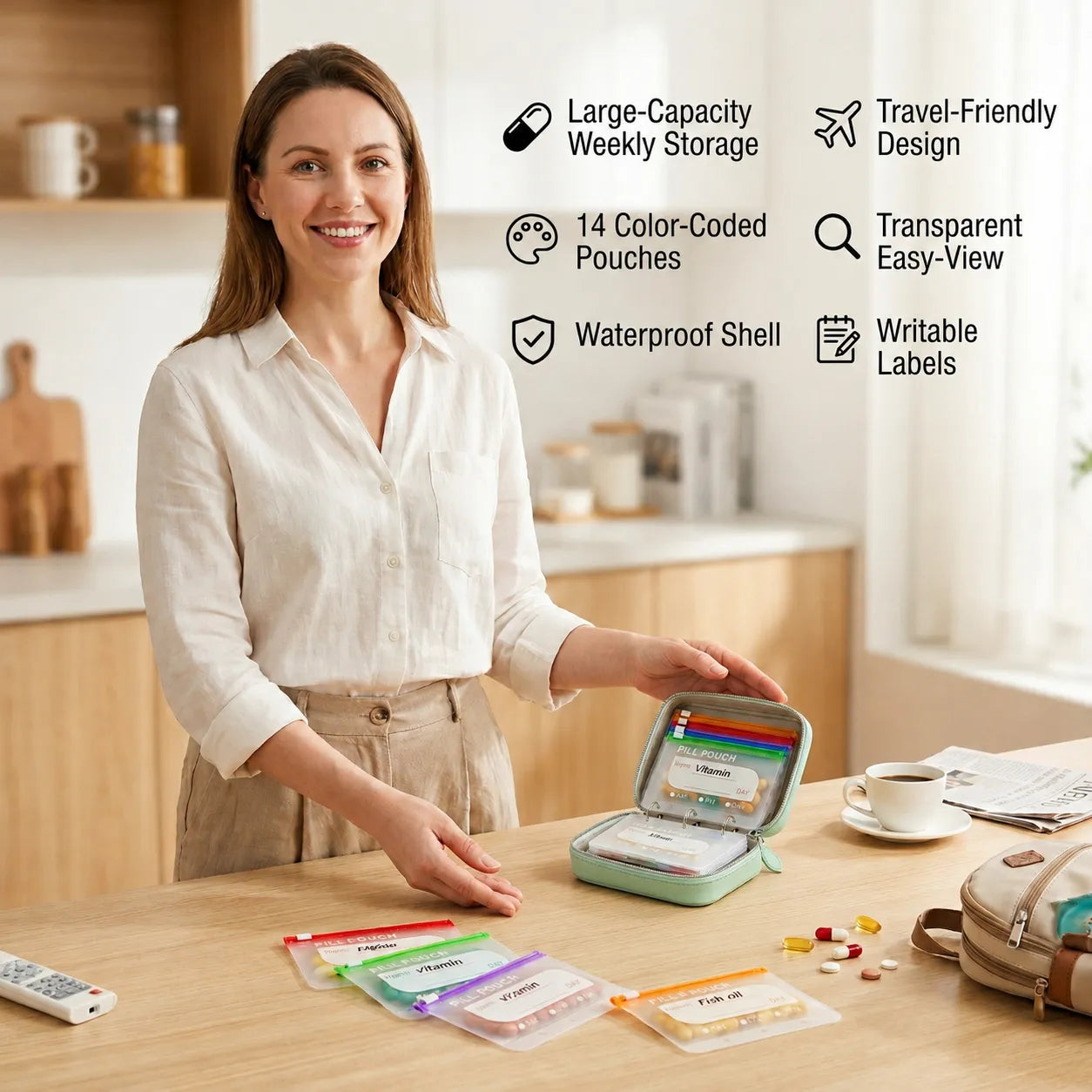 A8 Waterproof 14-Pouch Weekly Pill Organizer, Color-Coded Travel Storage for Vitamins & Supplements