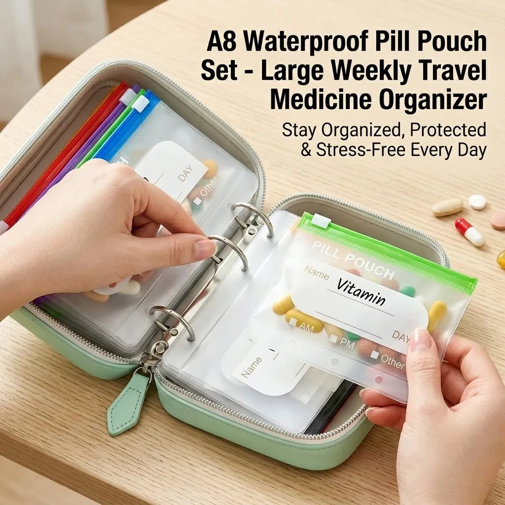 A8 Waterproof 14-Pouch Weekly Pill Organizer, Color-Coded Travel Storage for Vitamins & Supplements