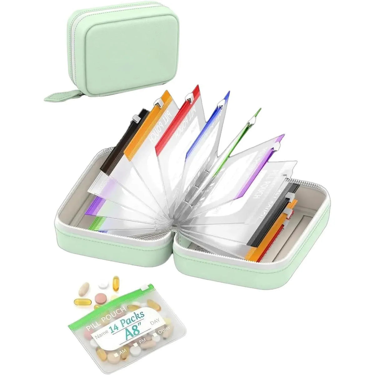 A8 Waterproof 14-Pouch Weekly Pill Organizer, Color-Coded Travel Storage for Vitamins & Supplements